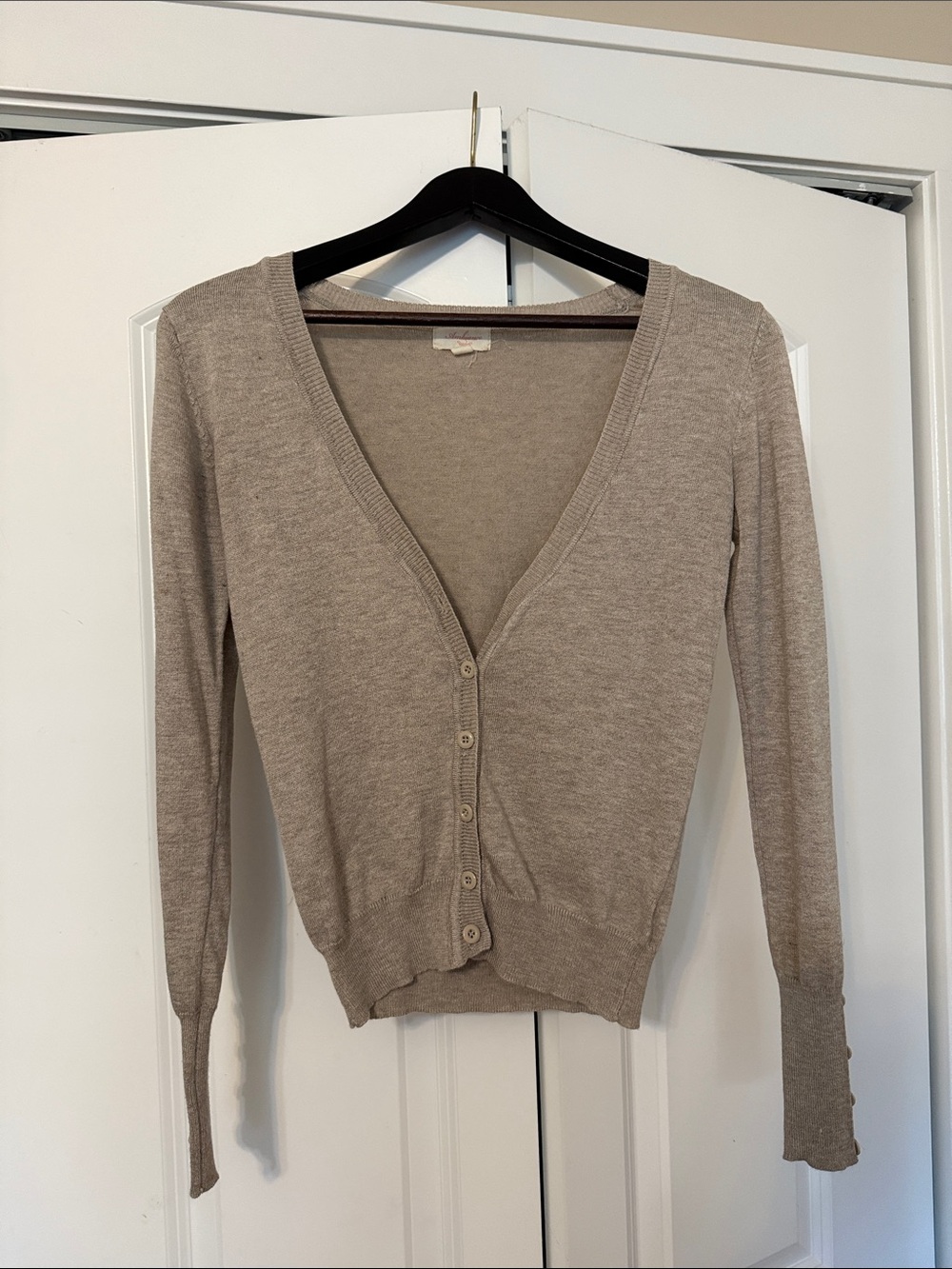 Ambiance Neutral Taupe Button-Front V-Neck Fitted Cardigan